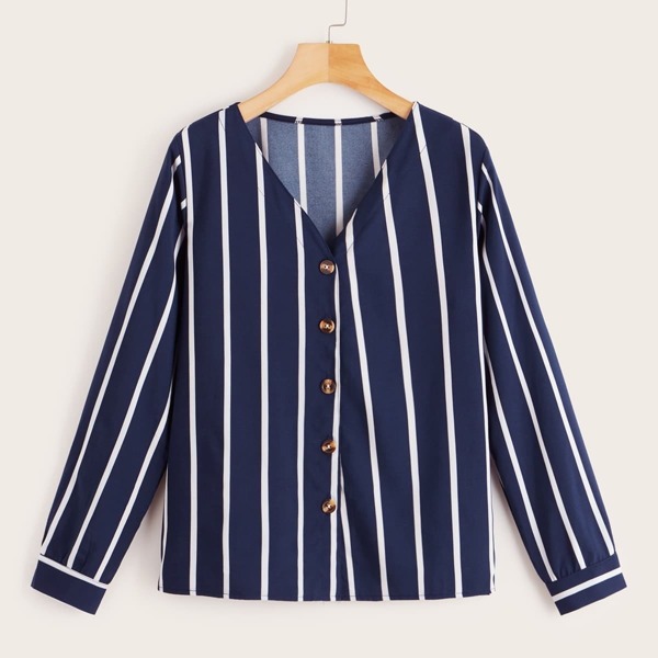 

Vertical Striped Button Front Blouse, Navy