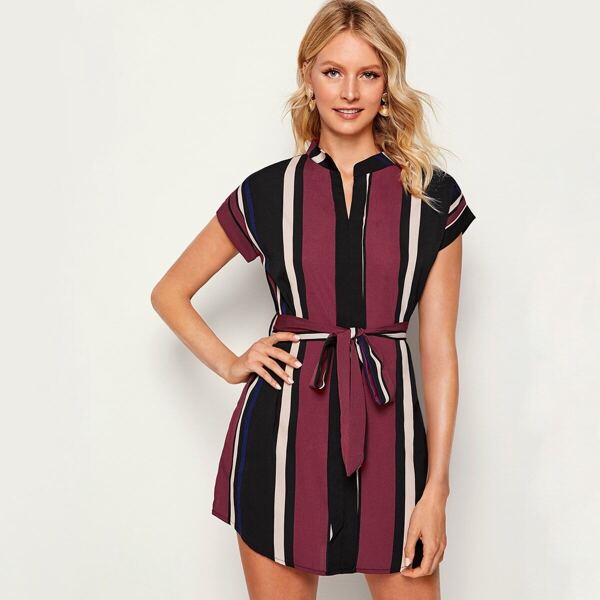 

Striped Notch Neck Self Tie Dress, Multicolor