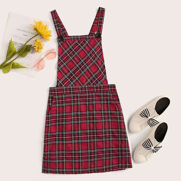 

Tartan Button Detail Pinafore Dress