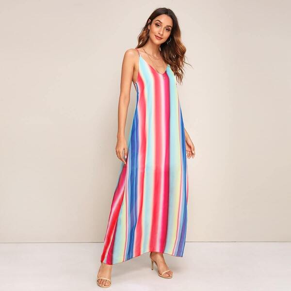 

Rainbow Striped Maxi Slip Dress