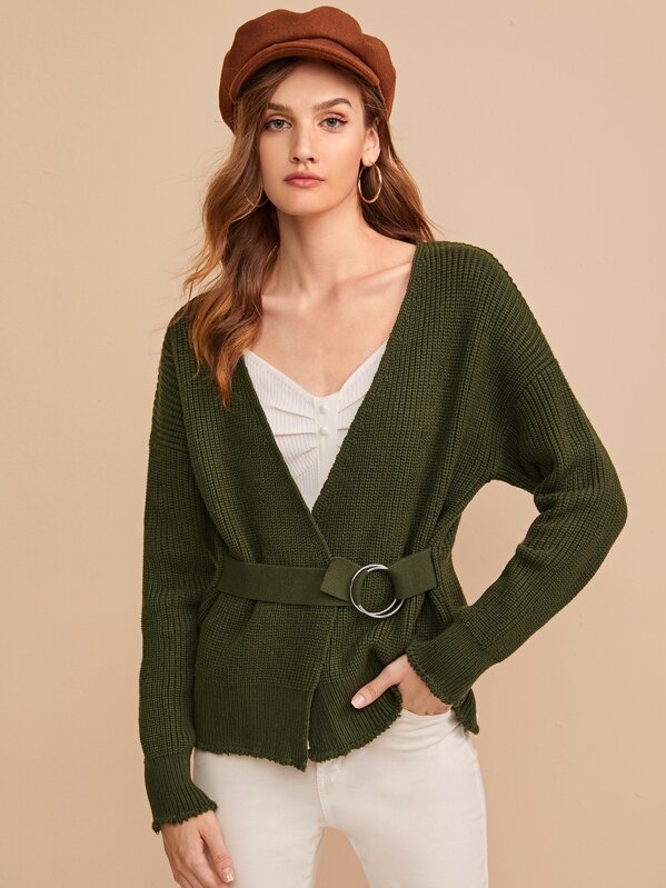 

Solid O-ring Tie Front Drop Shoulder Cardigan, Army green, Reka B