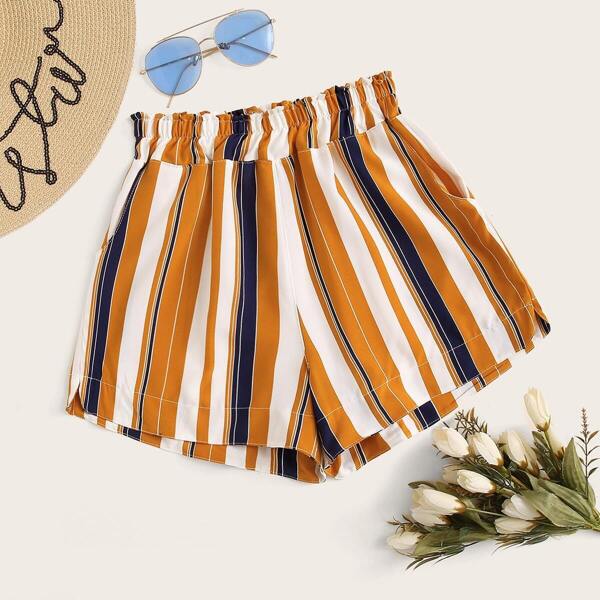 

Multi-striped Paperbag Waist Wide Leg Shorts, Yellow