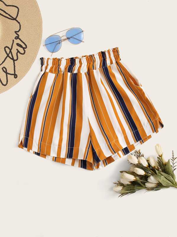 

Multi-striped Paperbag Waist Wide Leg Shorts, Yellow