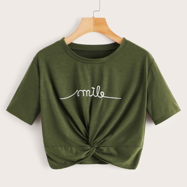 

Letter Embroidery Twist Hem Tee, Army green