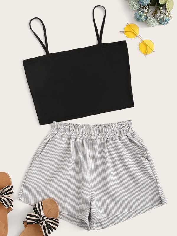

Solid Crop Cami Top With Striped Shorts, Multicolor