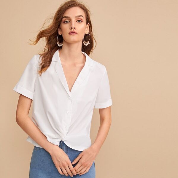 

Button Front Twist Hem Notched Neck Blouse