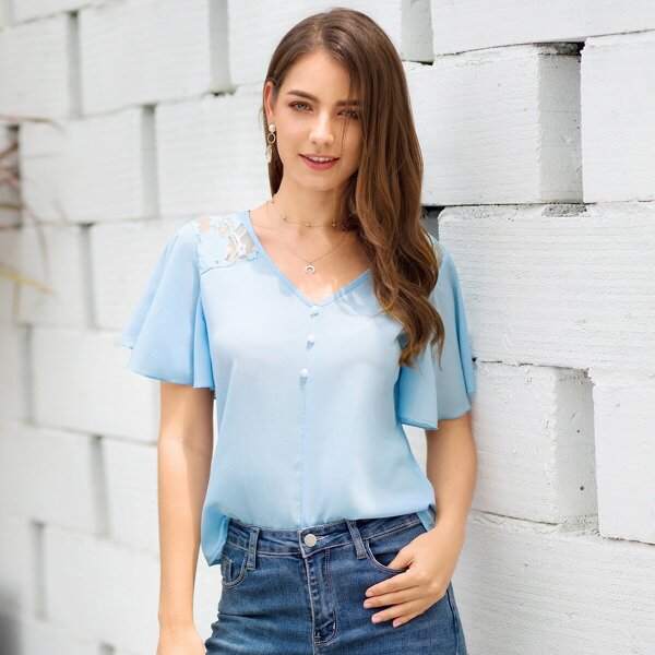 

V-neck Lace Panel Solid Blouse