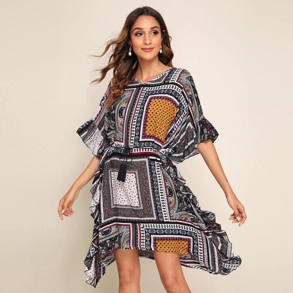 

Tribal Print Ruffle Trim Belted Dress
