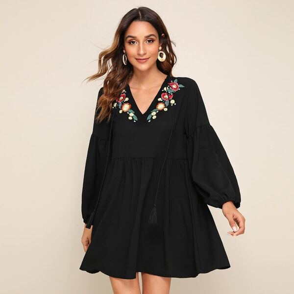 

V-neck Floral Embroidered Peasant Dress, Black
