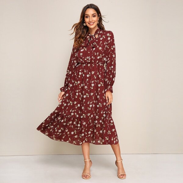 

Ditsy Floral Tie Neck Ruffle Hem Dress