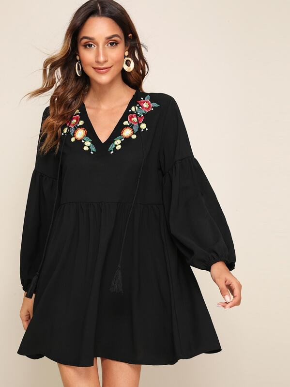 

V-neck Floral Embroidered Peasant Dress, Black, Gabi B