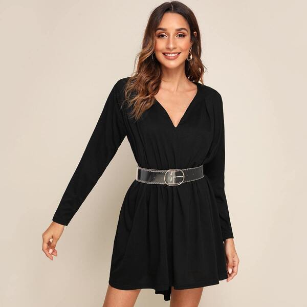 

V-neck Long Sleeve Solid Dress Without Belt