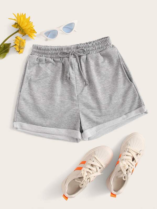 

Drawstring Waist Rolled Hem Track Shorts, Grey