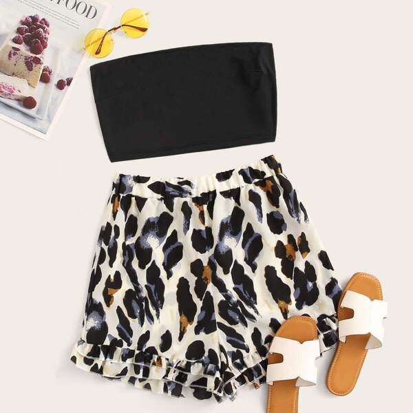 

Solid Tube Top With Leopard Ruffle Hem Shorts, Multicolor