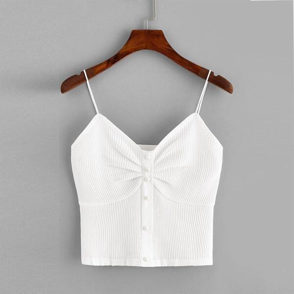 

Plus Button Front Ruched Detail Rib-knit Cami Top