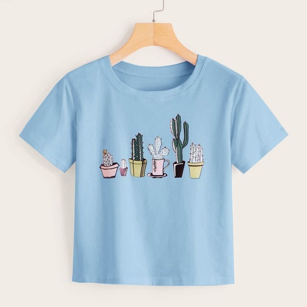 

Cactus Print Round Neck Tee, Baby blue