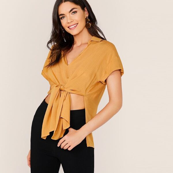 

Collared Tie Front Dip Hem Top, Yellow
