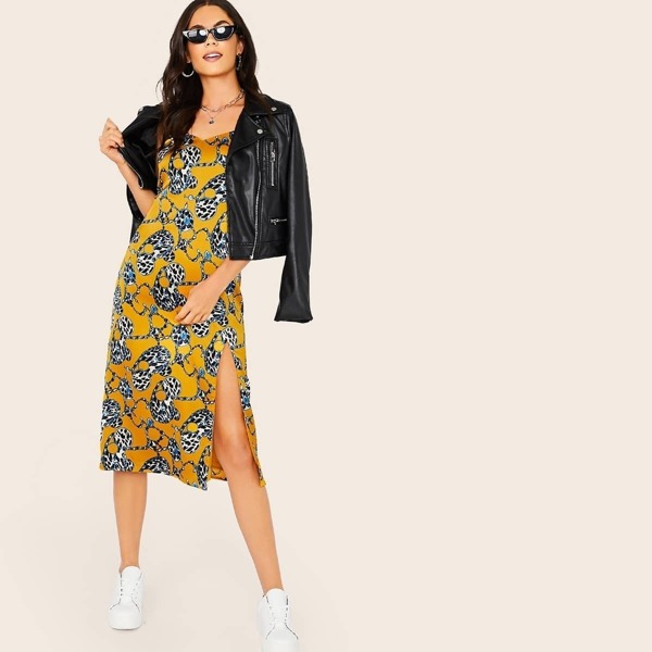 

Leopard and Chain Print Split Hem Satin Cami Dress