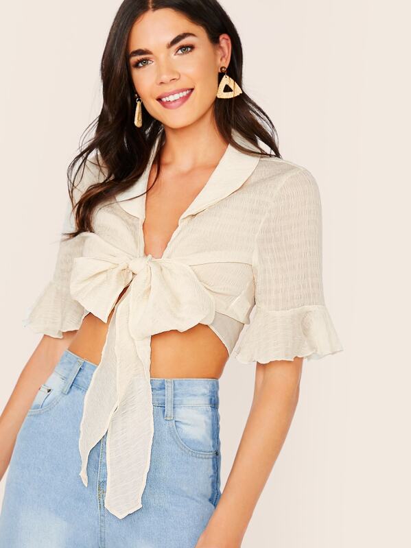 

Tie Front Ruffle Cuff Crinkle Top, Beige, Aarika Wolf
