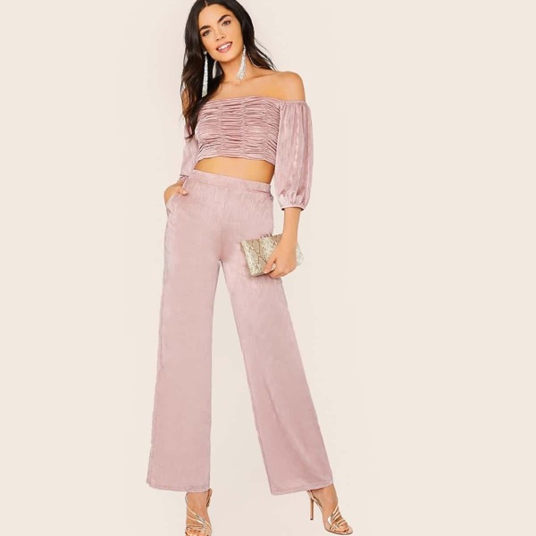 

Shirred Back Ruched Bardot Crop Top & Palazzo Pants Set, Pink pastel