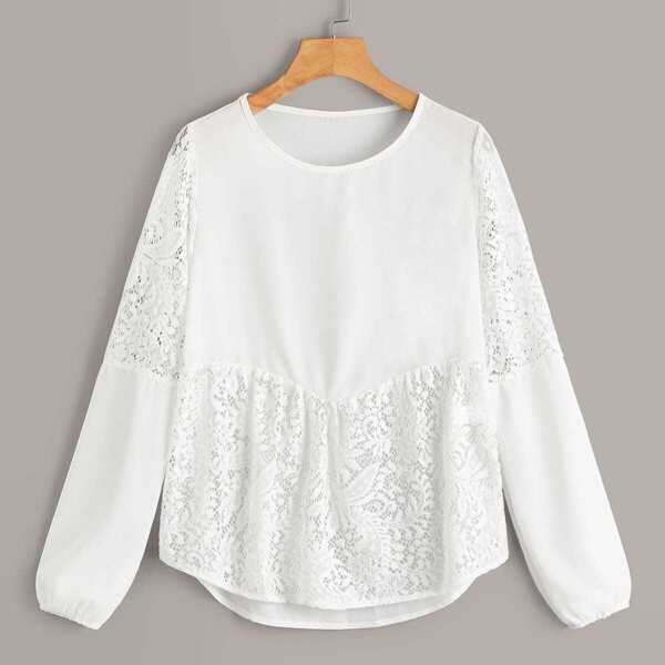 

Contrast Lace Curved Hem Blouse