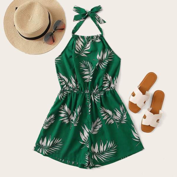 

Plants Print Wide Leg Tie Halter Romper
