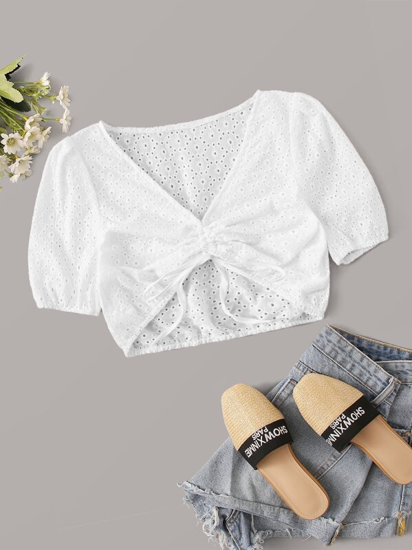 

Tie Front Eyelet Embroidery Crop Top, White