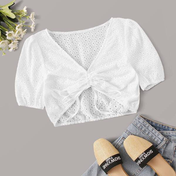 

Tie Front Eyelet Embroidery Crop Top, White