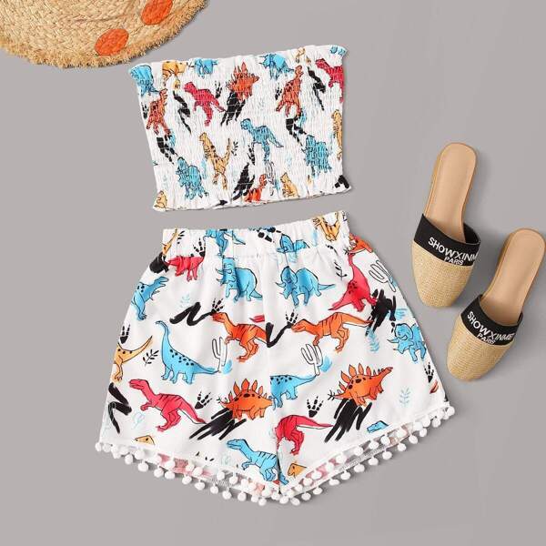 

Strapless Allover Dinosaur Print Shirred Top With Shorts