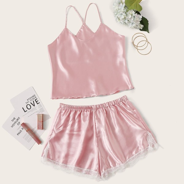 

Lace Trim Satin Cami Pajama Set