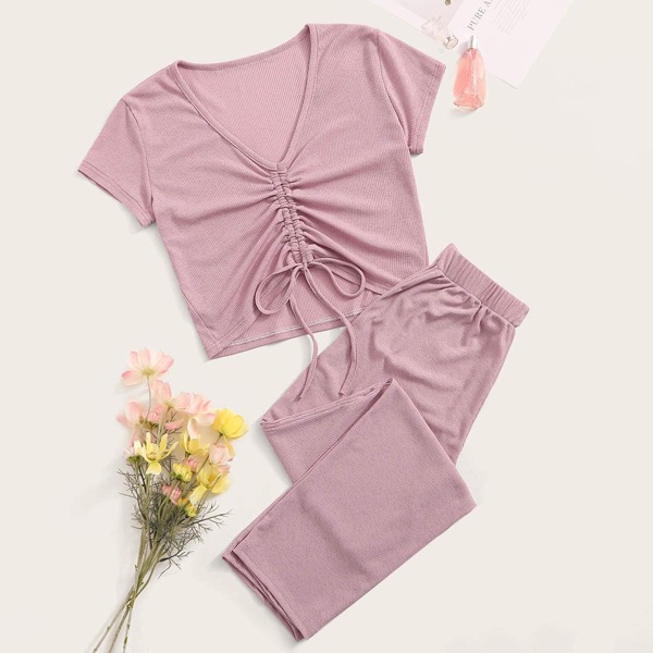 

Drawstring Ruched Detail Pajama Set, Pink