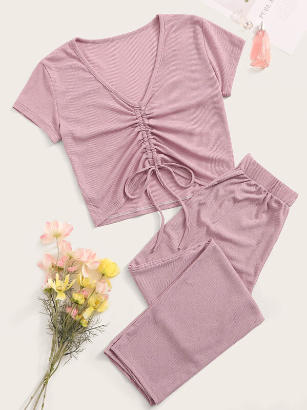 

Drawstring Ruched Detail Pajama Set, Pink