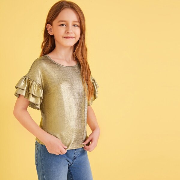 

Girls Ruffle Layered Cuff Metallic Top