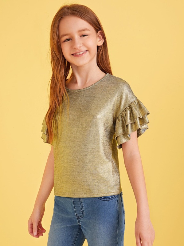

Girls Ruffle Layered Cuff Metallic Top, Gold, Sashab
