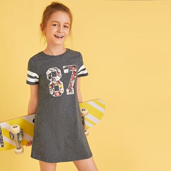 

Girls Striped Sleeve Number & Floral Print Tee Dress