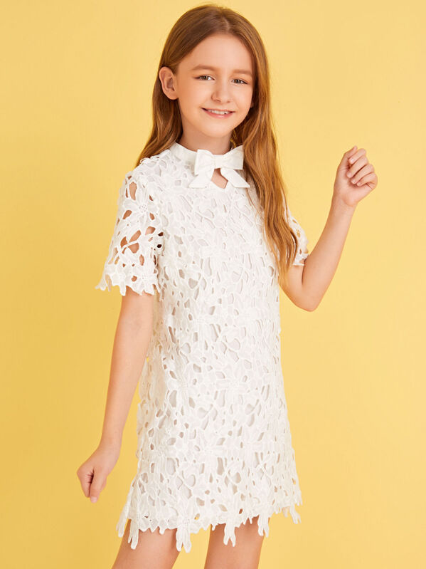 

Girls Solid Bow Front Guipure Lace Zip Back Dress, White, Sashab