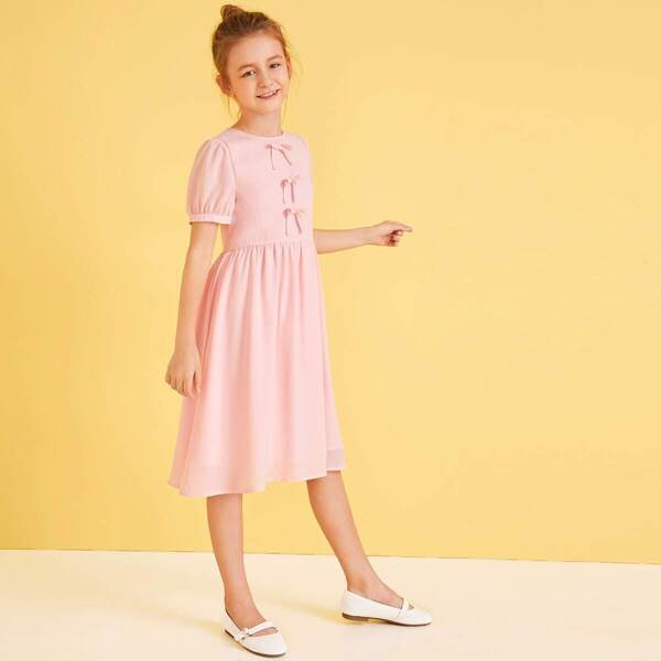 

Girls Bow Front Flare Dress, Pink pastel