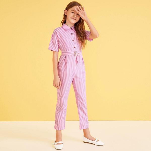 

Girls Half Placket Pocket Front Striped Belted Jumpsuit, Pink