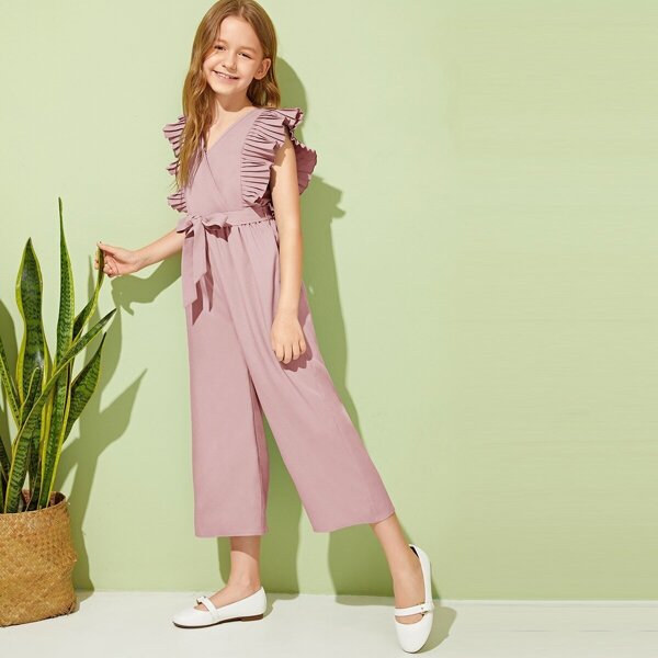 

Girls Pleated Ruffle Armhole Belted Wide Leg Jumpsuit, Pink pastel