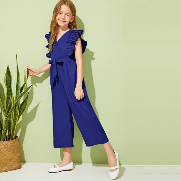

Girls Pleated Armhole Tie Front Wide Leg Jumpsuit, Blue