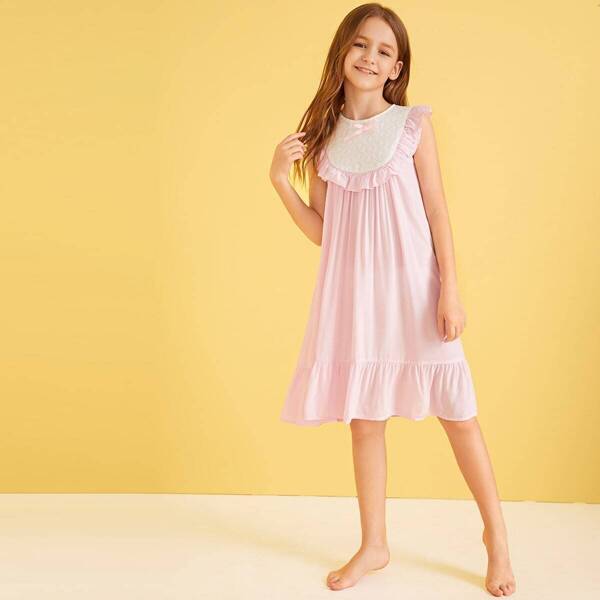

Girls Contrast Schiffy Insert Ruffle Trim Nightdress, Pink pastel