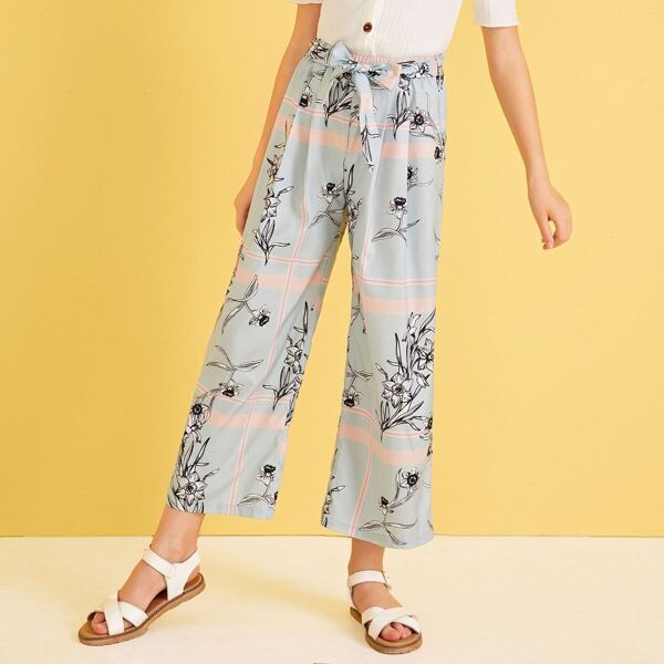 

Girls Plaid & Floral Print Belted Palazzo Pants