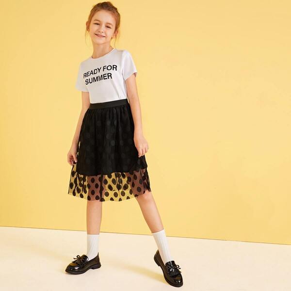 

Girls Letter Print Top & Polka-dot Mesh Skirt Set, Black and white