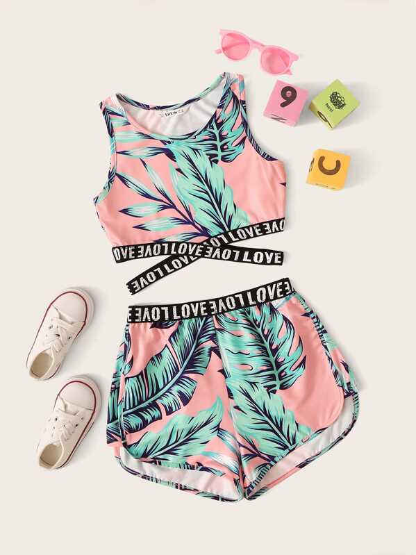 

Girls Letter Cross Wrap Tape Tropical Top & Shorts Set, Multicolor