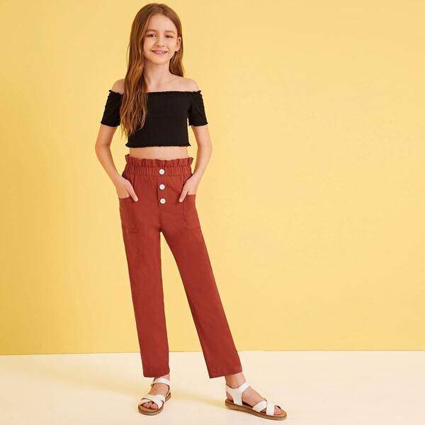 

Girls Rib-knit Bardot Crop Top & Paperbag Waist Pants Set