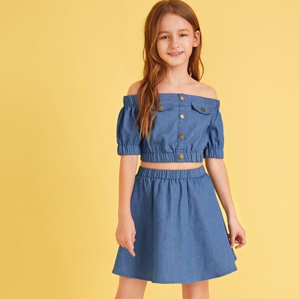 

Girls Off Shoulder Button Detail Top & Skirt Set, Blue