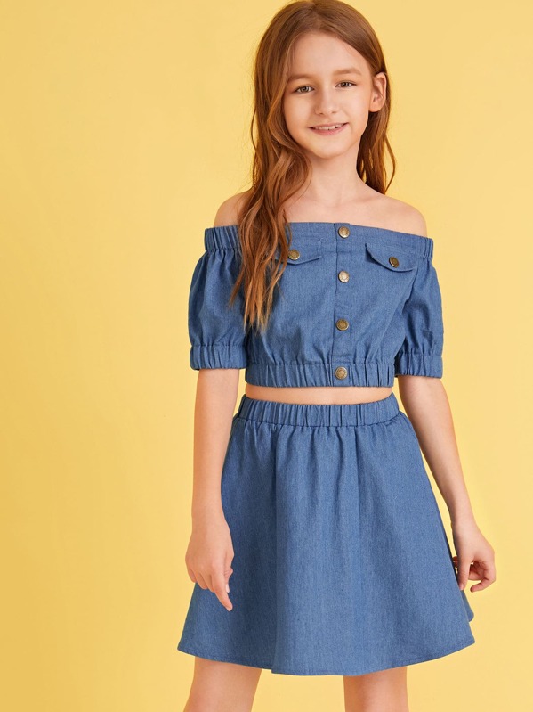 

Girls Off Shoulder Button Detail Top & Skirt Set, Blue, Sashab