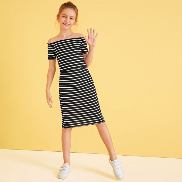 

Girls Striped Off Shoulder Top & Skinny Skirt Set