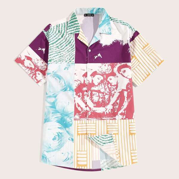 

Men Mixed Print Revere Collar Shirt, Multicolor