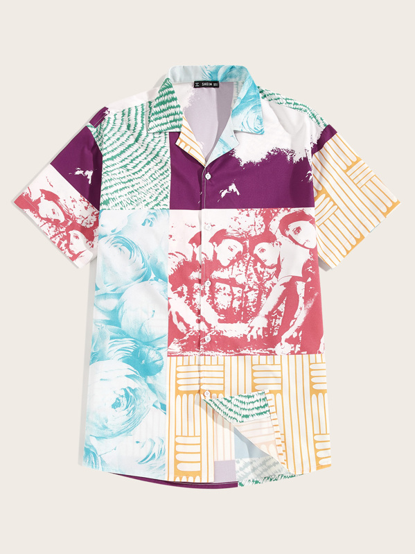 

Men Mixed Print Revere Collar Shirt, Multicolor